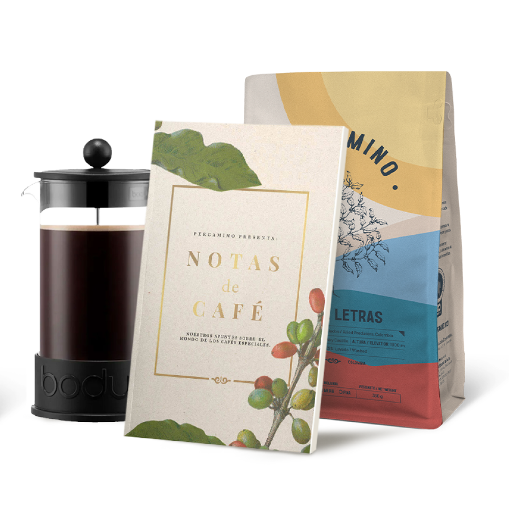 Kit Pergamino 360g + Prensa francesa Bodum Brazil + Libro Notas de Café