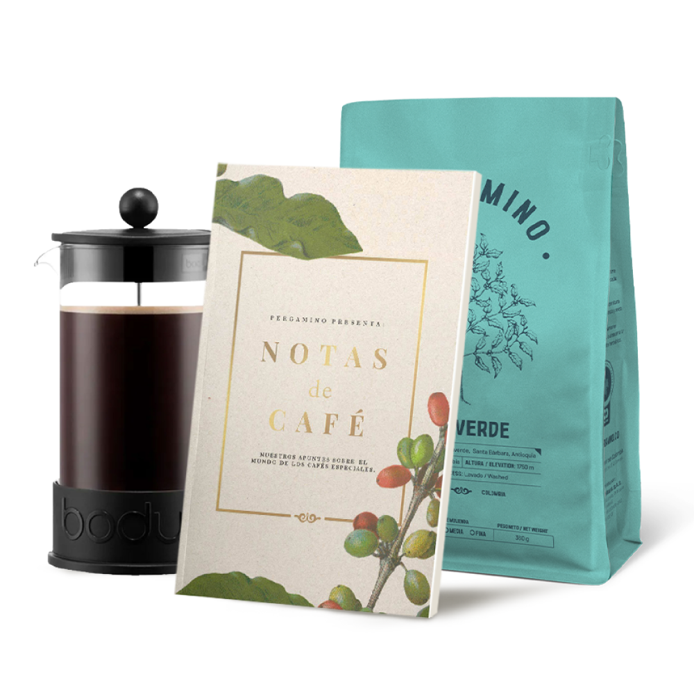 Kit Pergamino 360g + Prensa francesa Bodum Brazil + Libro Notas de Café